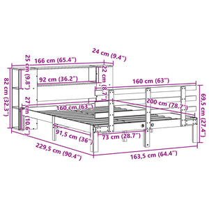 Κρεβάτι Βιβλιοθήκη Χωρίς Στρώμα 160x200 εκ Μασίφ Ξύλο Πεύκου