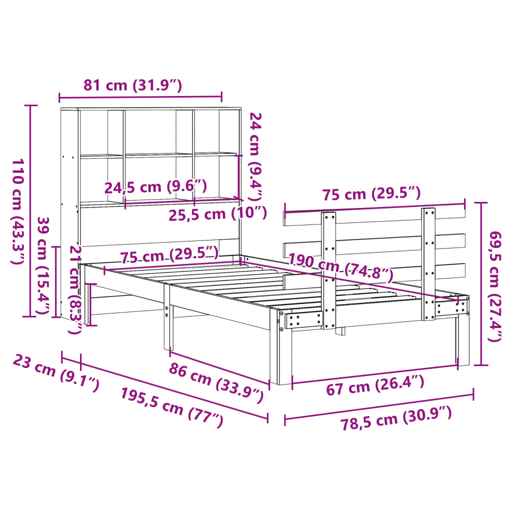 Κρεβάτι Βιβλιοθήκη Χωρίς Στρώμα Λευκό 75x190 εκ Μασίφ Πεύκο