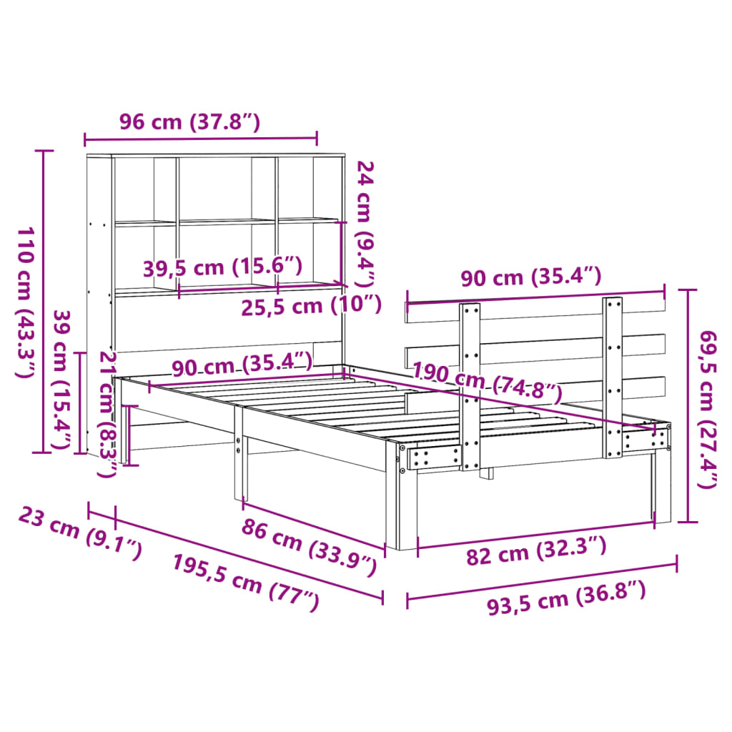 Κρεβάτι Βιβλιοθήκη Χωρίς Στρώμα 90x190 εκ Μασίφ Ξύλο Πεύκου