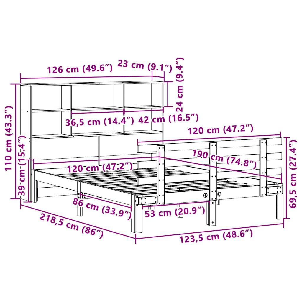 Κρεβάτι Βιβλιοθήκη Χωρίς Στρώμα 120x190 εκ Μασίφ Ξύλο Πεύκου