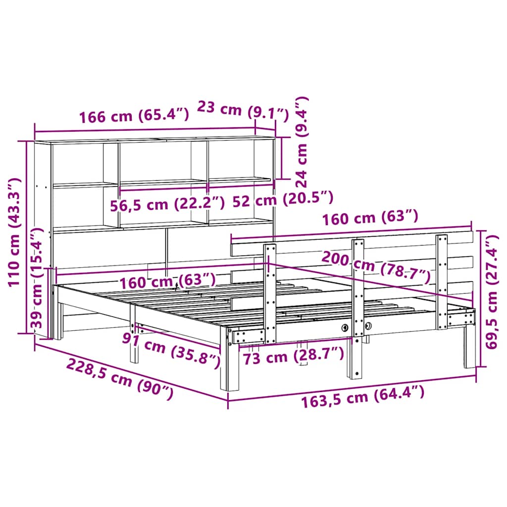 Κρεβάτι Βιβλιοθήκη Χωρίς Στρώμα 160x200 εκ Μασίφ Ξύλο Πεύκου - Pakobazaar
