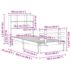 Κρεβάτι Βιβλιοθήκη Χωρίς Στρώμα 100x200 εκ Μασίφ Ξύλο Πεύκου