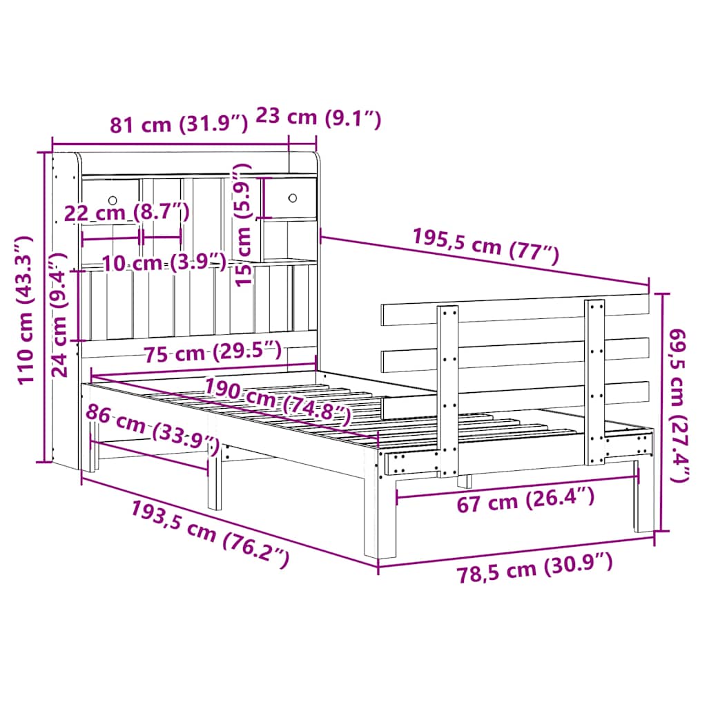 Κρεβάτι Βιβλιοθήκη Χωρίς Στρώμα 75x190 εκ Μασίφ Ξύλο Πεύκο