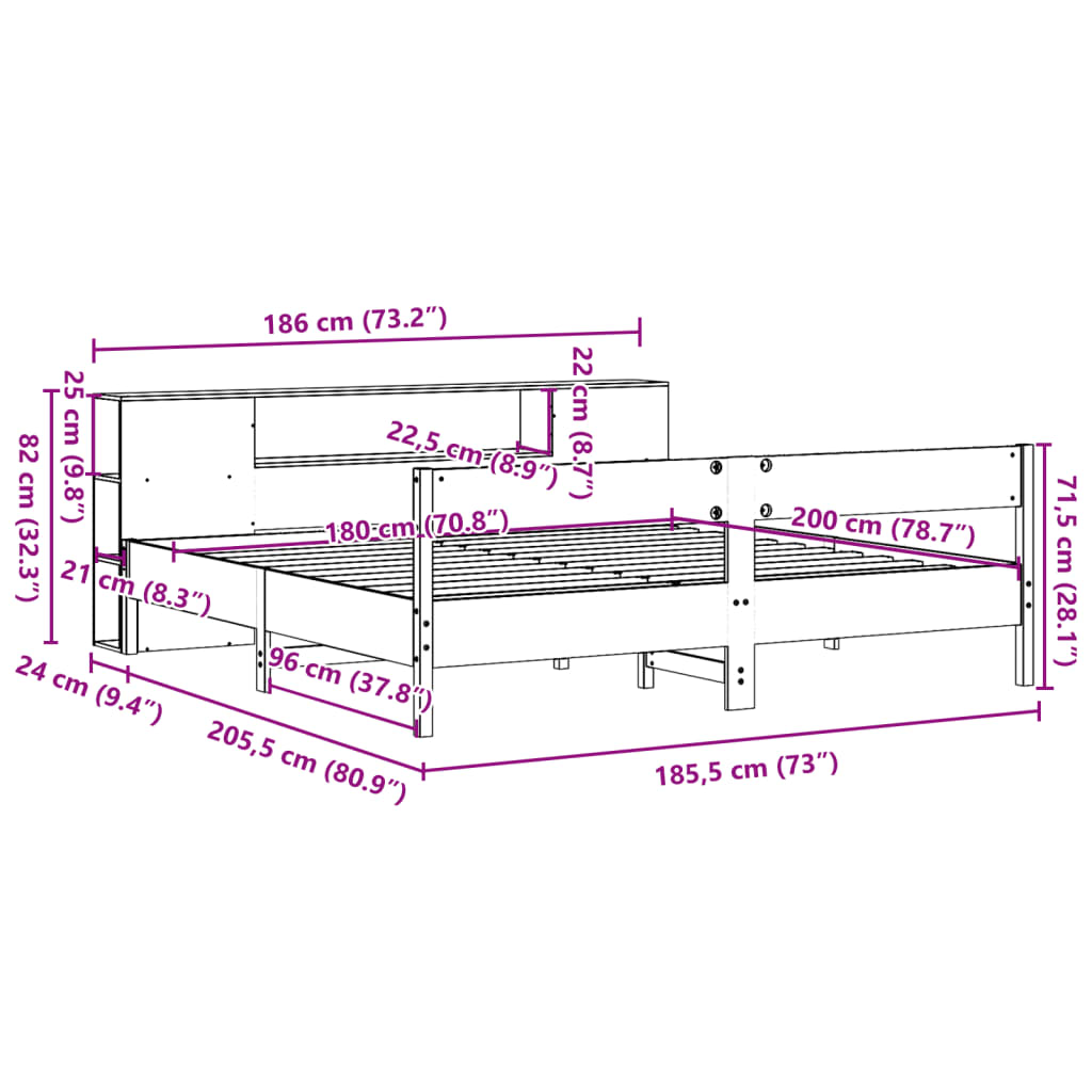 Κρεβάτι Βιβλιοθήκη Χωρίς Στρώμα 180x200 εκ Μασίφ Ξύλο Πεύκου - Pakobazaar