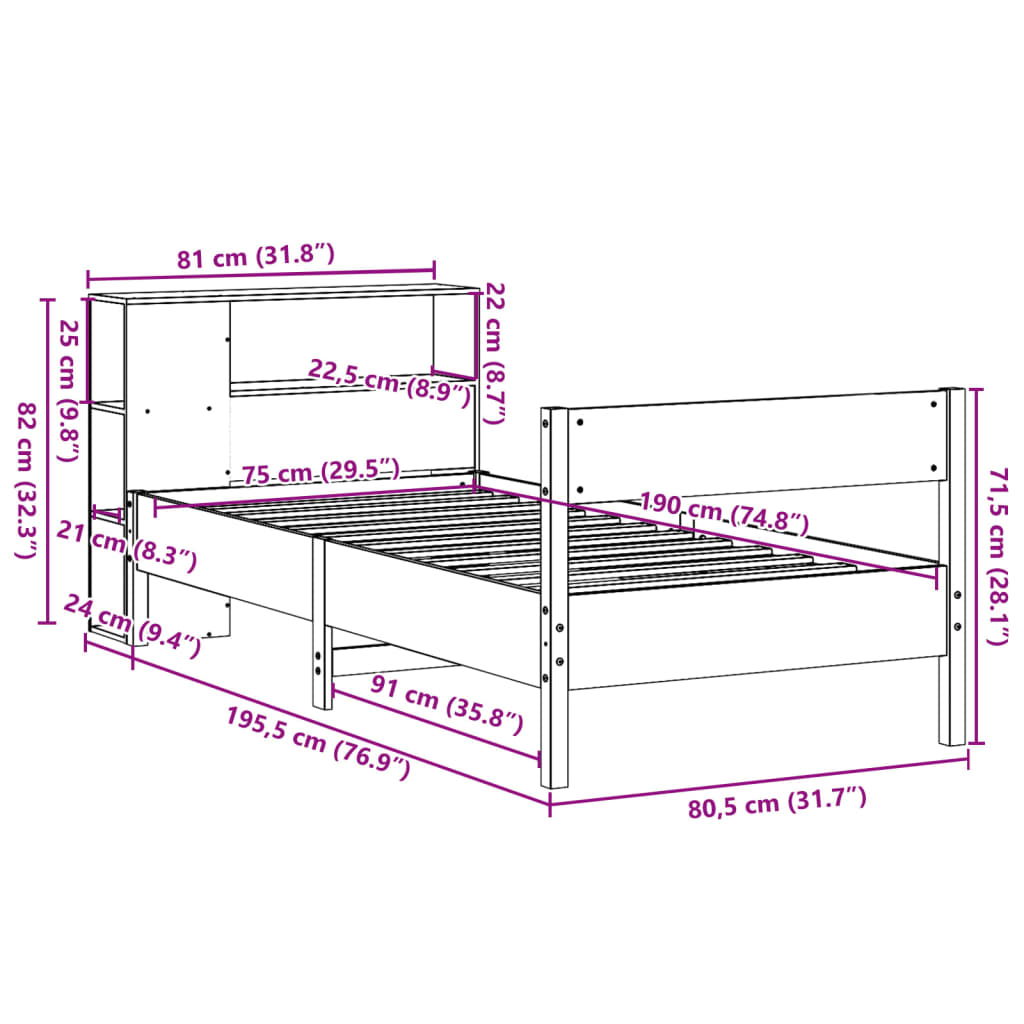 Κρεβάτι Βιβλιοθήκη Χωρίς Στρώμα 75x190 εκ Μασίφ Ξύλο Πεύκου