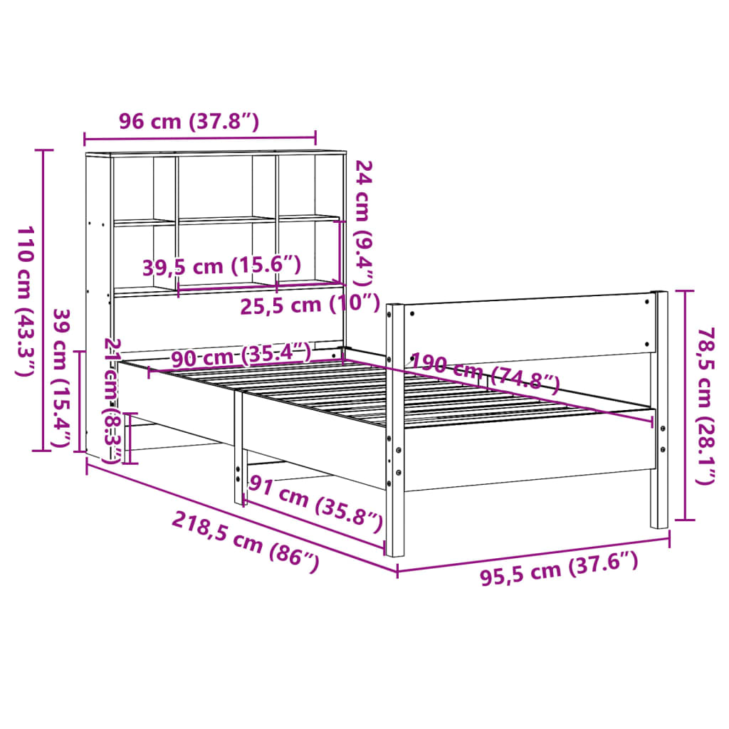 Κρεβάτι Βιβλιοθήκη Χωρίς Στρώμα 90x190 εκ Μασίφ Ξύλο Πεύκου - Pakobazaar