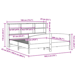 Κρεβάτι Βιβλιοθήκη Χωρίς Στρώμα 180x200 εκ Μασίφ Ξύλο Πεύκου