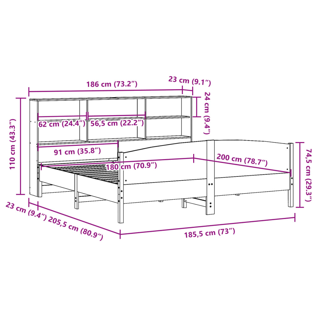 Κρεβάτι Βιβλιοθήκη Χωρίς Στρώμα 180x200 εκ Μασίφ Ξύλο Πεύκου
