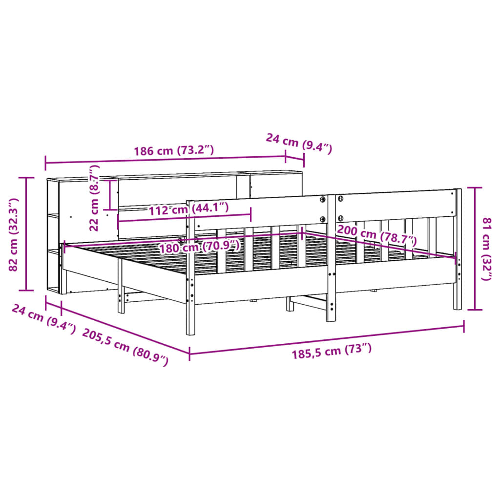 Κρεβάτι Βιβλιοθήκη Χωρίς Στρώμα 180x200 εκ Μασίφ Ξύλο Πεύκου