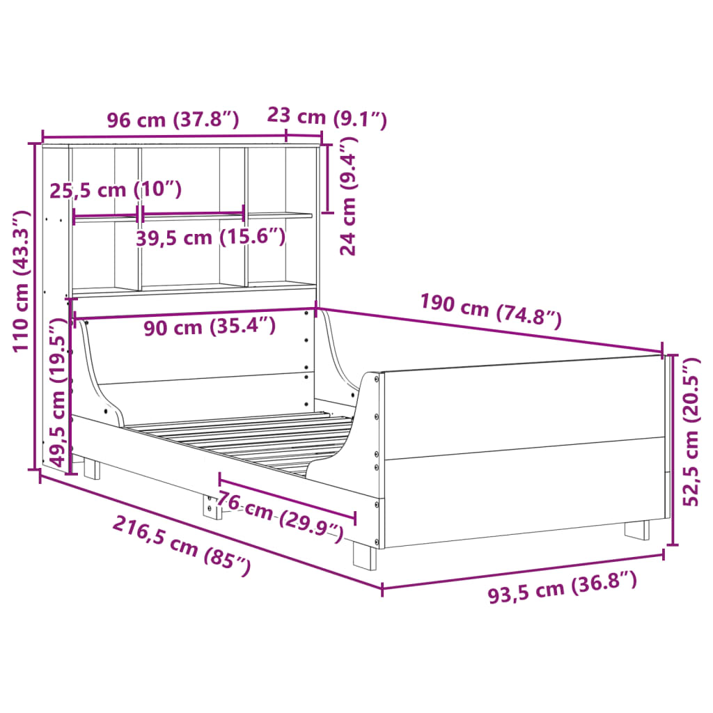 Κρεβάτι Βιβλιοθήκη Χωρίς Στρώμα Καφέ 90x190 εκ Μασίφ Πεύκο - Pakobazaar