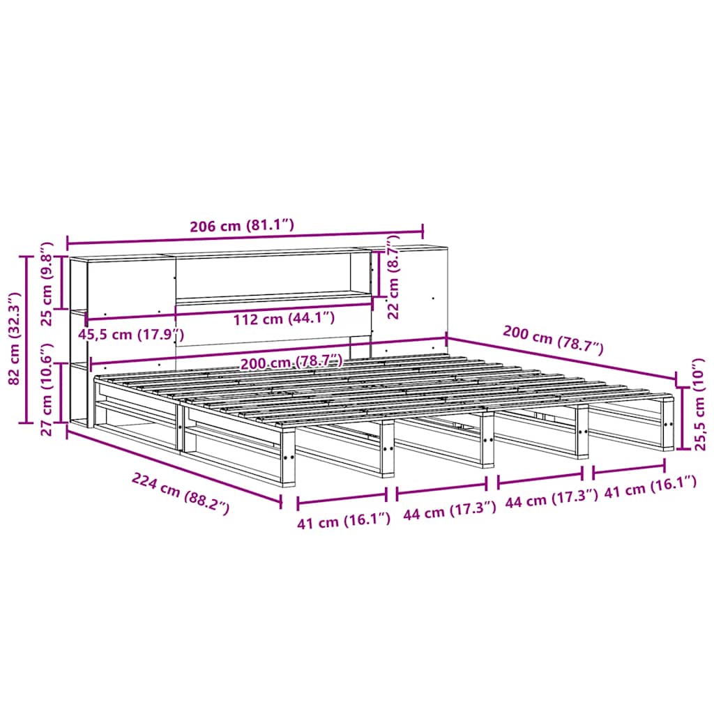Κρεβάτι Βιβλιοθήκη Χωρίς Στρώμα Καφέ 200x200 εκ Μασίφ Πεύκο