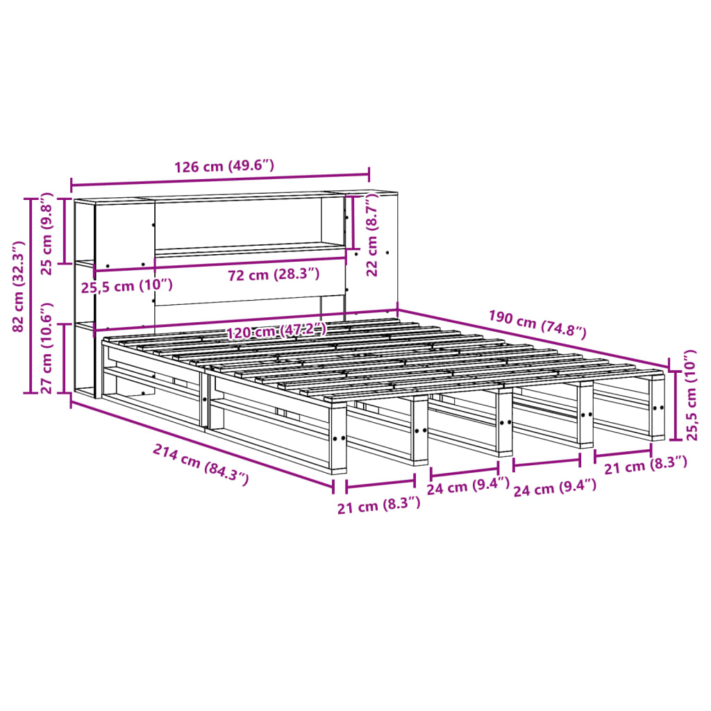 Κρεβάτι Βιβλιοθήκη Χωρίς Στρώμα Λευκό 120x190 εκ Μασίφ Πεύκο