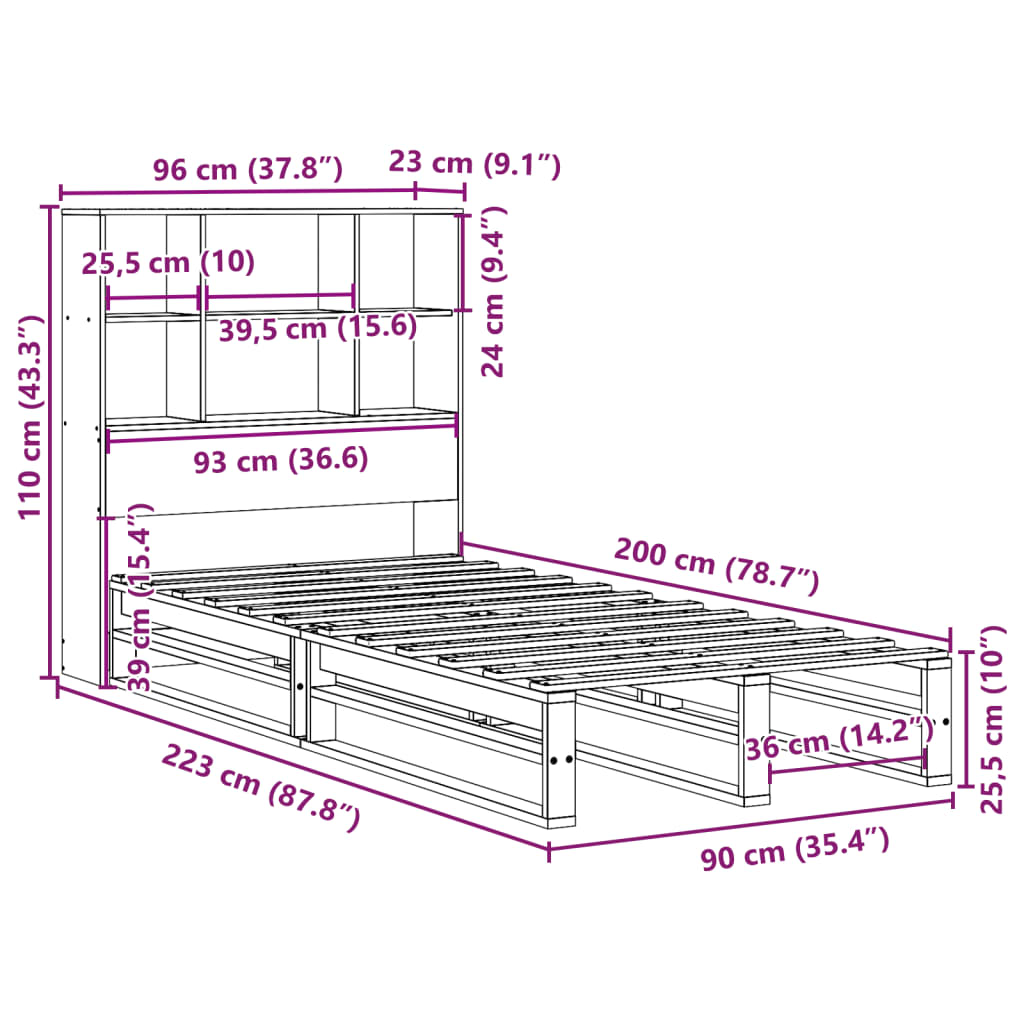 Κρεβάτι Βιβλιοθήκη Χωρίς Στρώμα 90x200 εκ Μασίφ Ξύλο