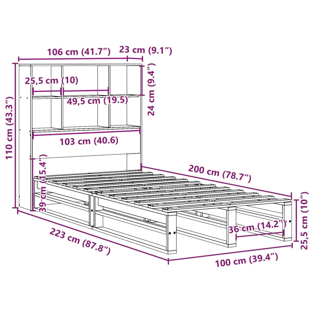 Κρεβάτι Βιβλιοθήκη Χωρίς Στρώμα Καφέ 100x200 εκ Μασίφ Πεύκο