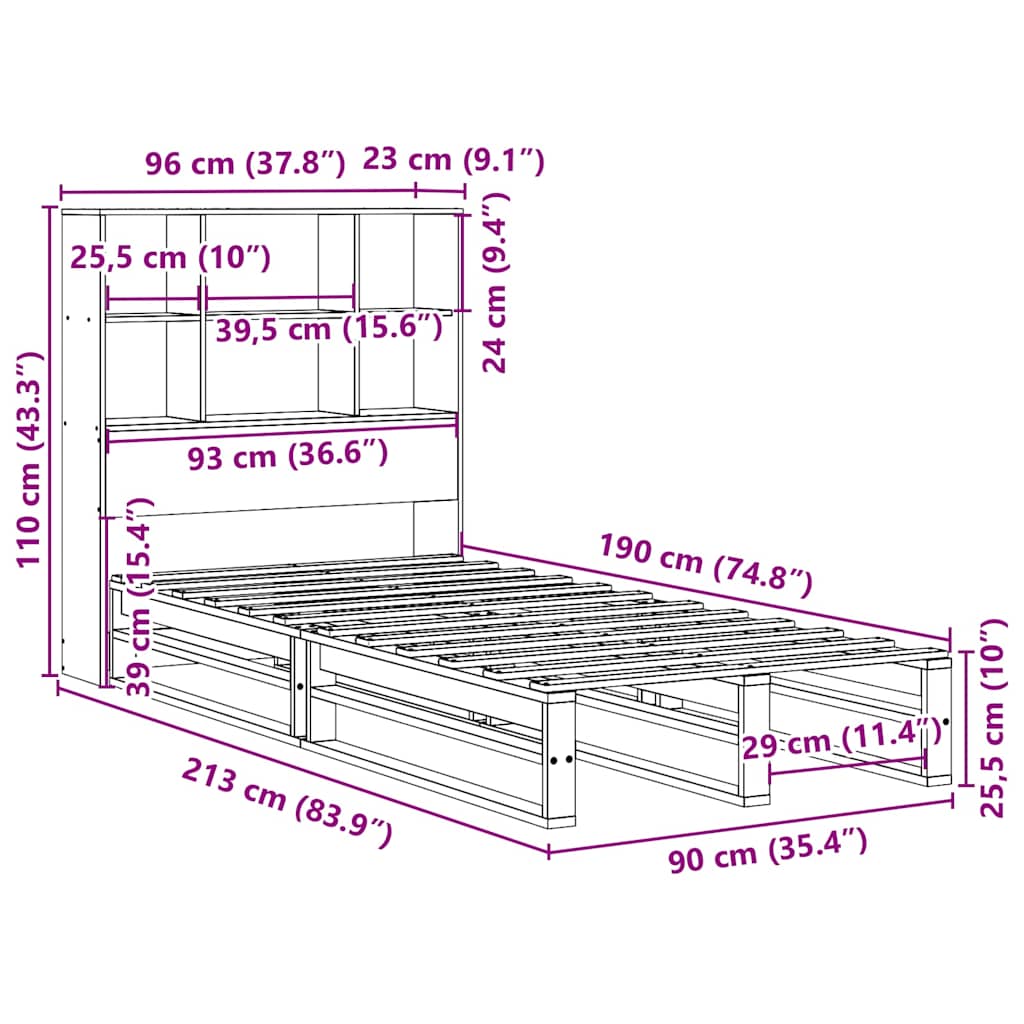 Κρεβάτι Βιβλιοθήκη Χωρίς Στρώμα 90x190 εκ Μασίφ Πεύκο