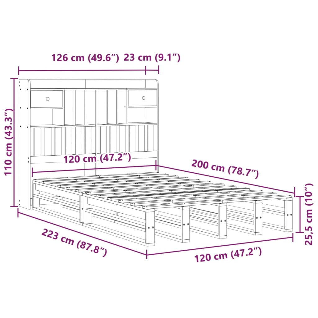 Κρεβάτι Βιβλιοθήκη Χωρίς Στρώμα 120x200 εκ Μασίφ Ξύλο Πεύκο
