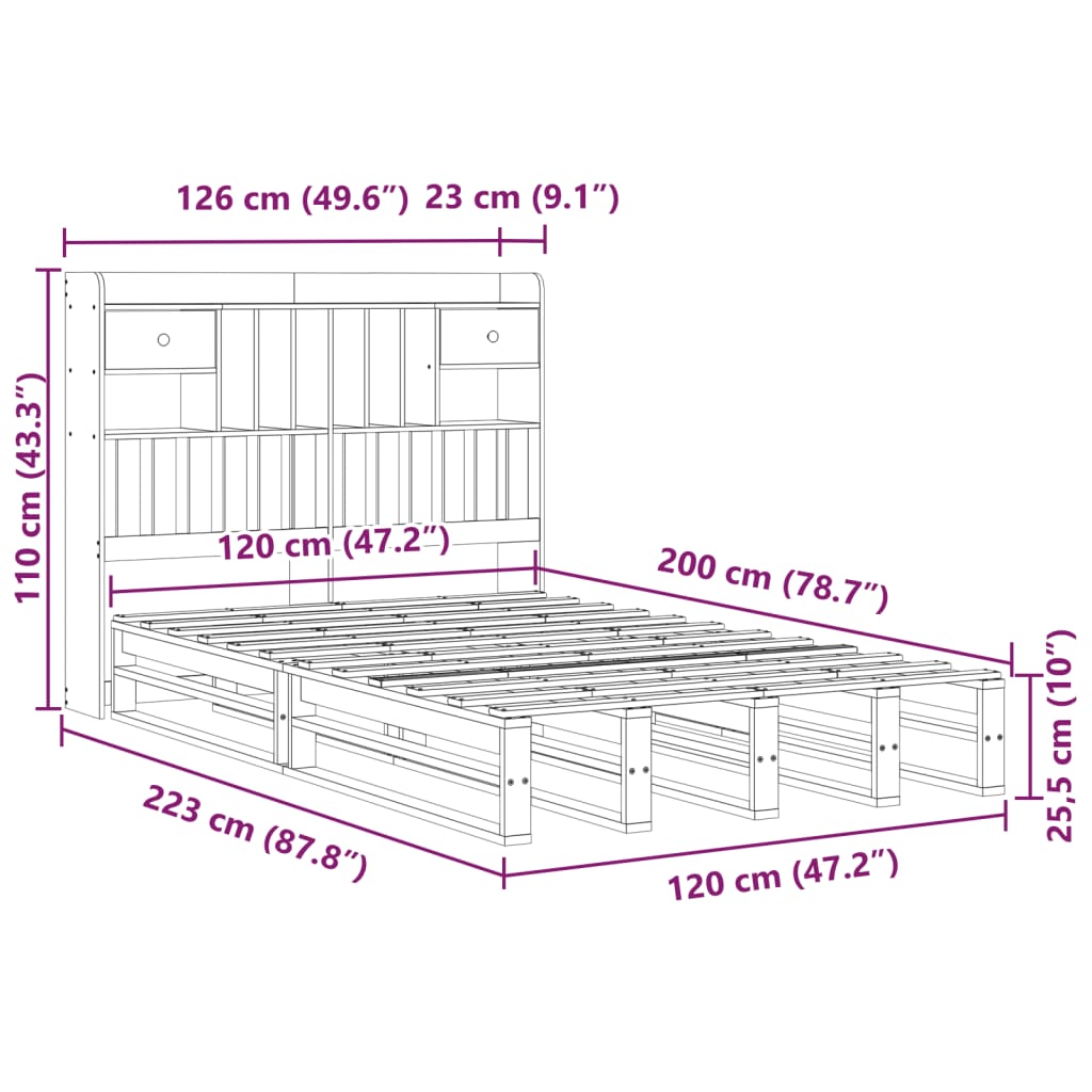 Κρεβάτι Βιβλιοθήκη Χωρίς Στρώμα 120x200 εκ Μασίφ Ξύλο Πεύκου - Pakobazaar
