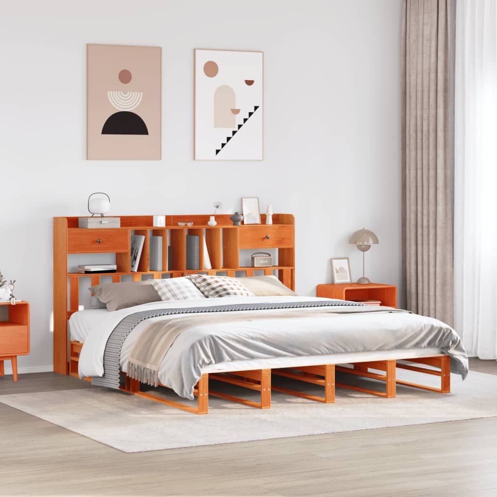 Κρεβάτι Βιβλιοθήκη Χωρίς Στρώμα 180x200 εκ Μασίφ Ξύλο Πεύκου