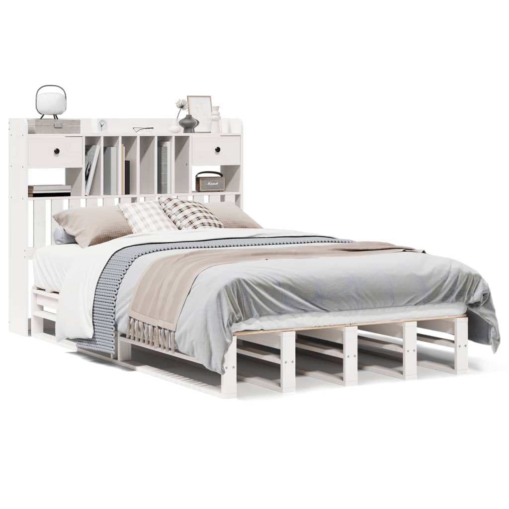 Κρεβάτι Βιβλιοθήκη Χωρίς Στρώμα Λευκό 135x190 εκ Μασίφ Πεύκο