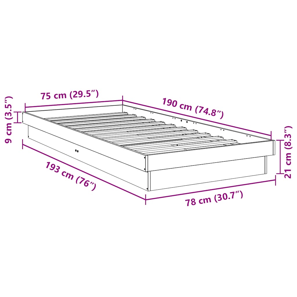 Πλαίσιο κρεβατιού χωρίς στρώμα 75x190 cm Στερεό ξύλο δρυός