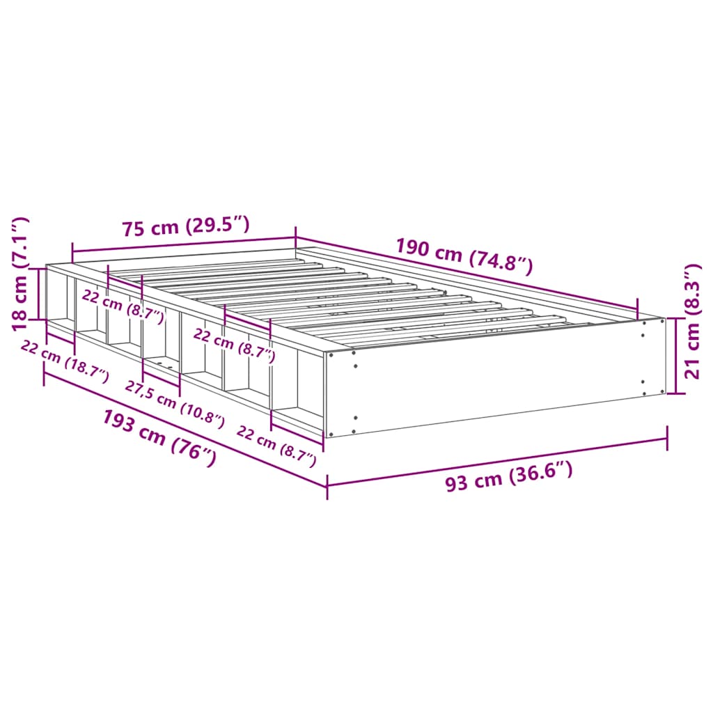 Πλαίσιο κρεβατιού  χωρίς στρώμα 75x190 cm μασίφ ξύλο δρυς