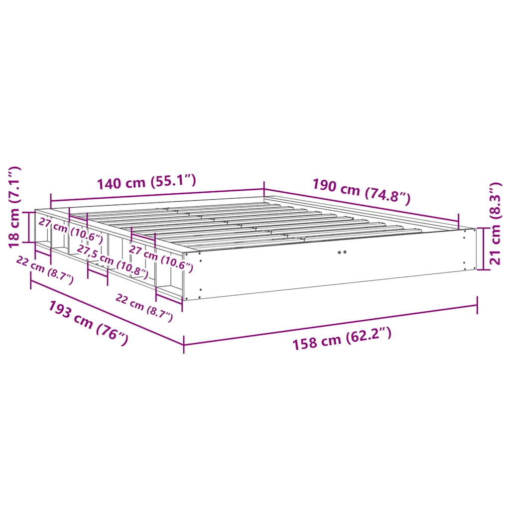 Πλαίσιο κρεβατιού  χωρίς στρώμα 140x190 cm μασίφ ξύλο δρυς