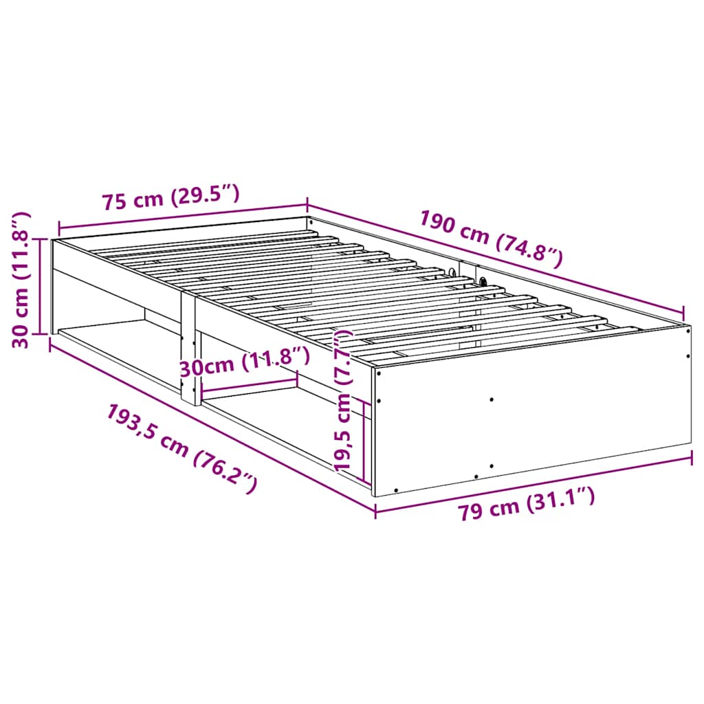 Κρεβάτι ημέρας χωρίς στρώμα Λευκό 75x190 cm Στερεό ξύλο πεύκο
