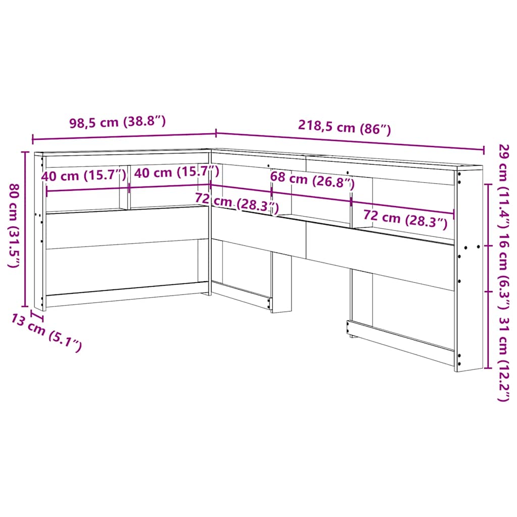 βιβλιοθήκη κεφαλάρι σε σχήμα L 80 εκ. Ξύλο Πεύκου