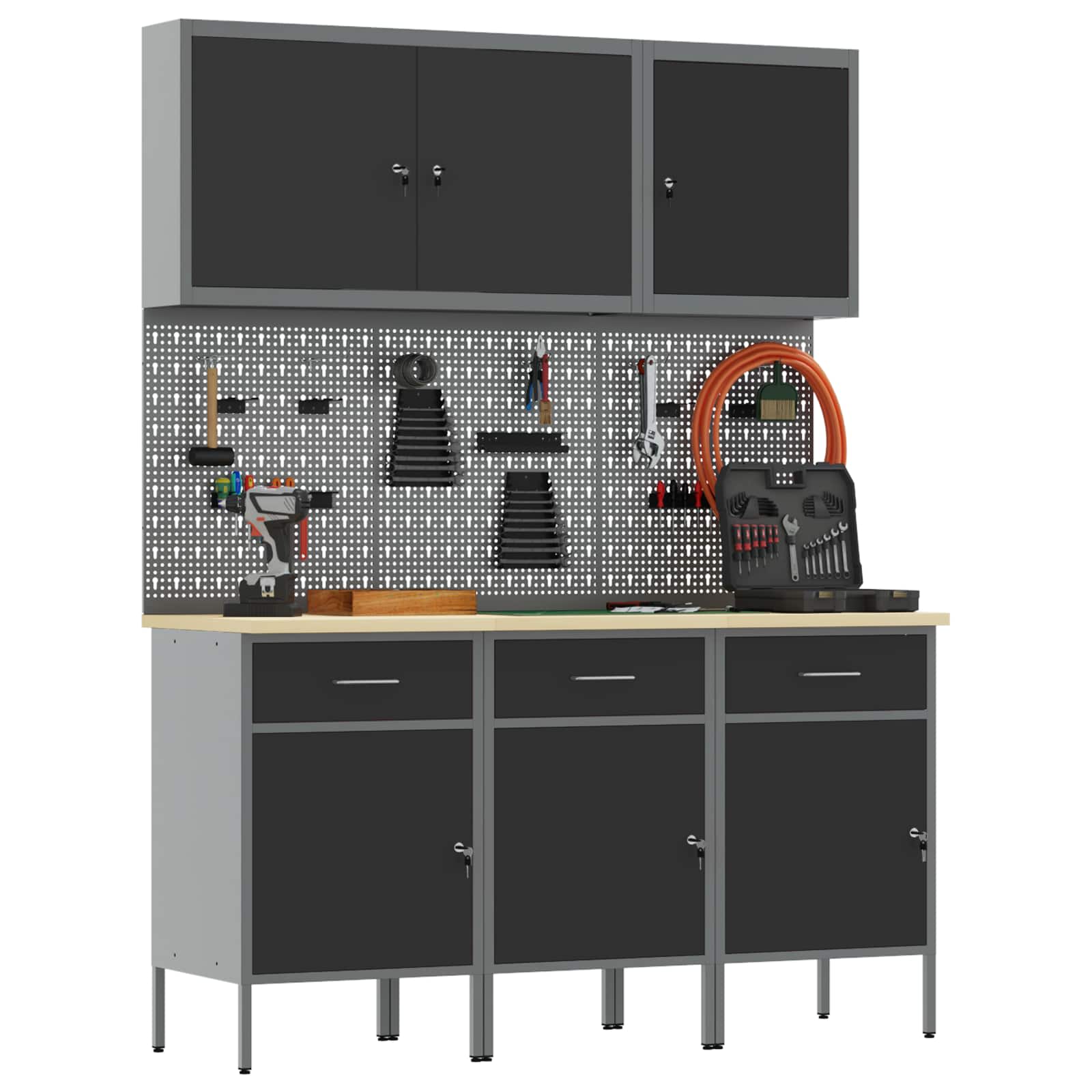 Ντουλάπα Εργασίας 8 pcs Μαύρο Μηχανισμένο ξύλο και ατσάλι - Pakobazaar