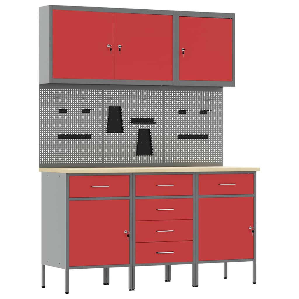 Ντουλάπα Εργασίας 8 pcs Κόκκινο Μηχανισμένο ξύλο και ατσάλι - Pakobazaar