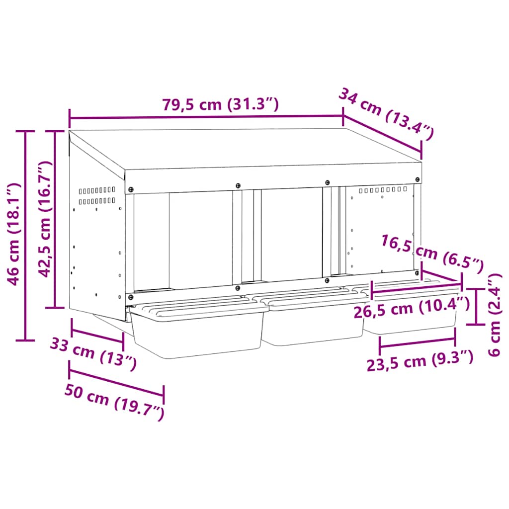 Κουτί Φωλιάς Κοτόπουλων με 3 Θέσεις, Επιτοίχιο από Γαλβανισμένο Ατσάλι