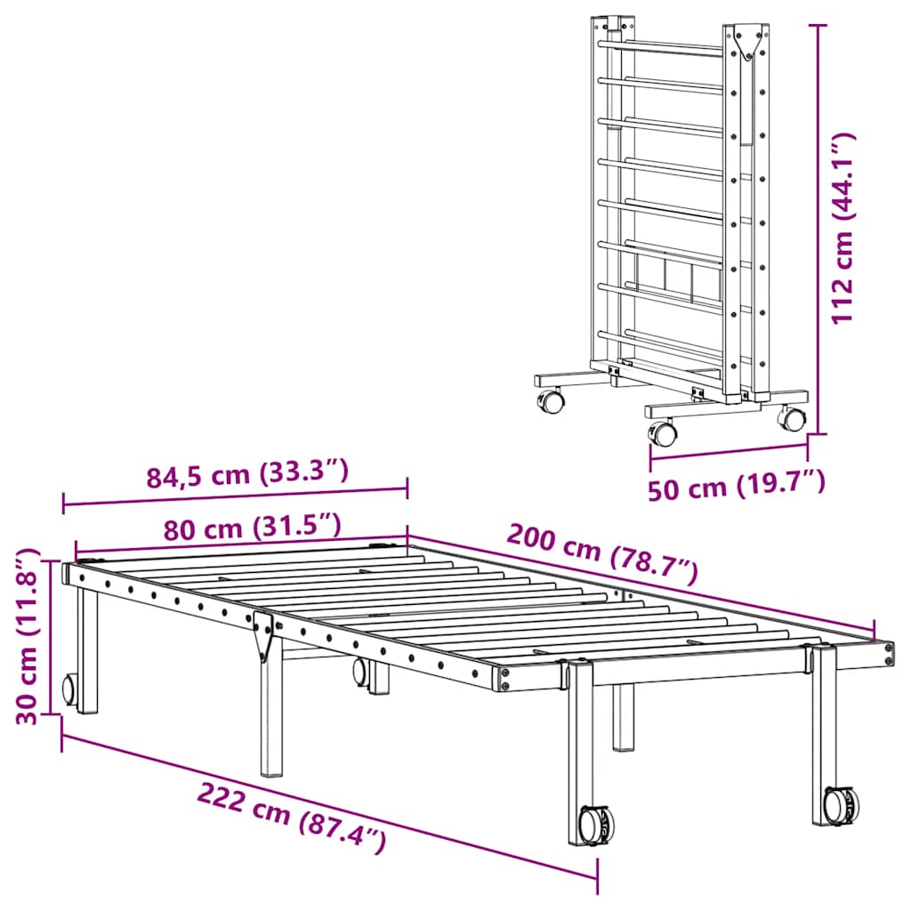Πλαίσιο κρεβατιού χωρίς στρώμα Πτυσσόμενο μαύρο 80x200cm Ατσάλι