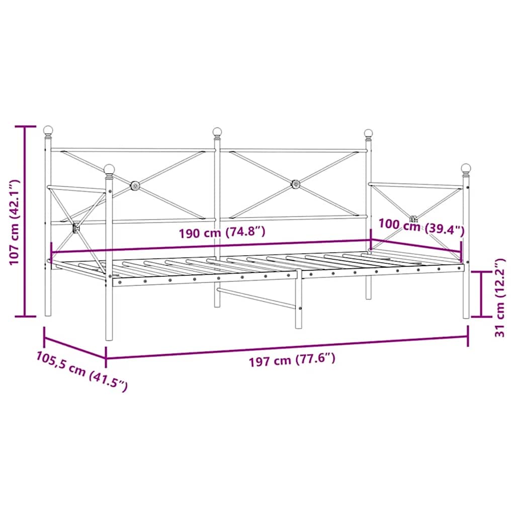Κρεβάτι ημέρας χωρίς στρώμα Μαύρο 100x190 cm Ατσάλι