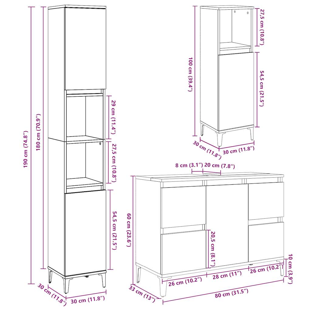 Σετ Επίπλων Μπάνιου 3 Τεμαχίων Γκρι Σκυροδέματος από Επεξ. Ξύλο - Pakobazaar