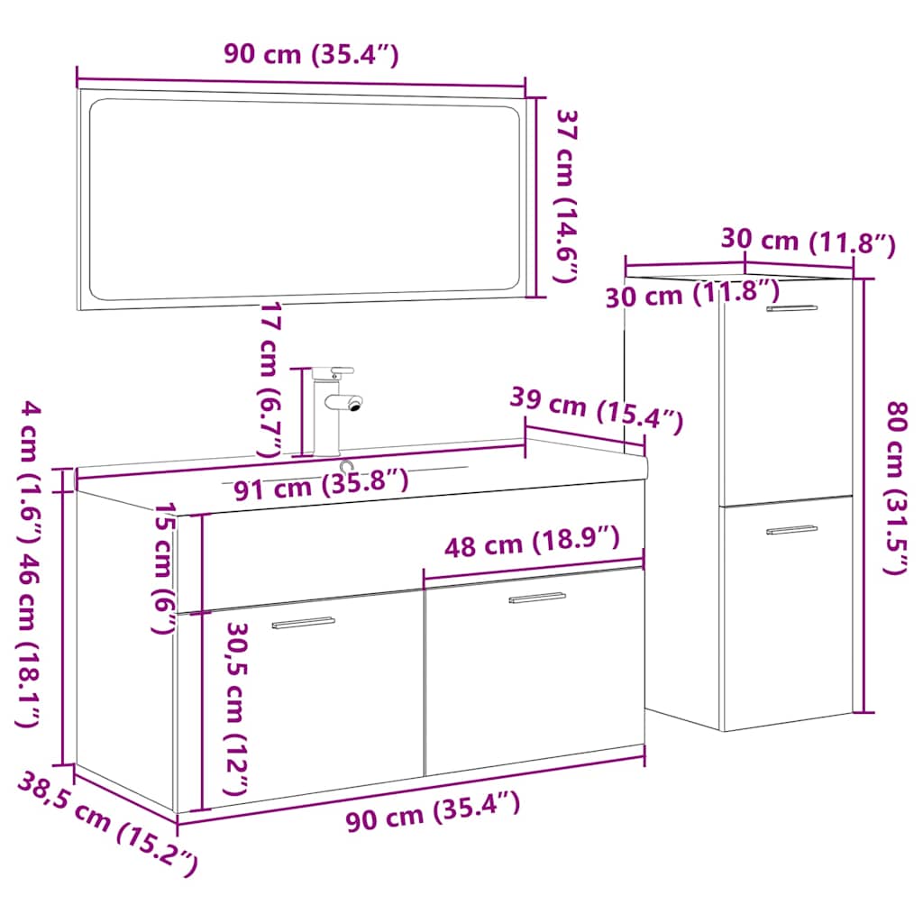 Σετ Επίπλων Μπάνιου 4 Τεμαχίων Sonoma Δρυς Επεξεργασμένο Ξύλο - Pakobazaar
