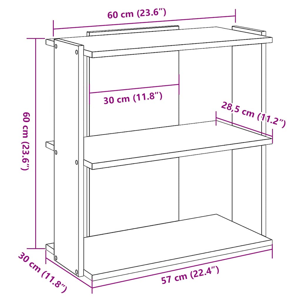 Βιβλιοθήκη 3 Επιπέδων Γκρι Sonoma 60x30x60 εκ. Επεξεργ. Ξύλο