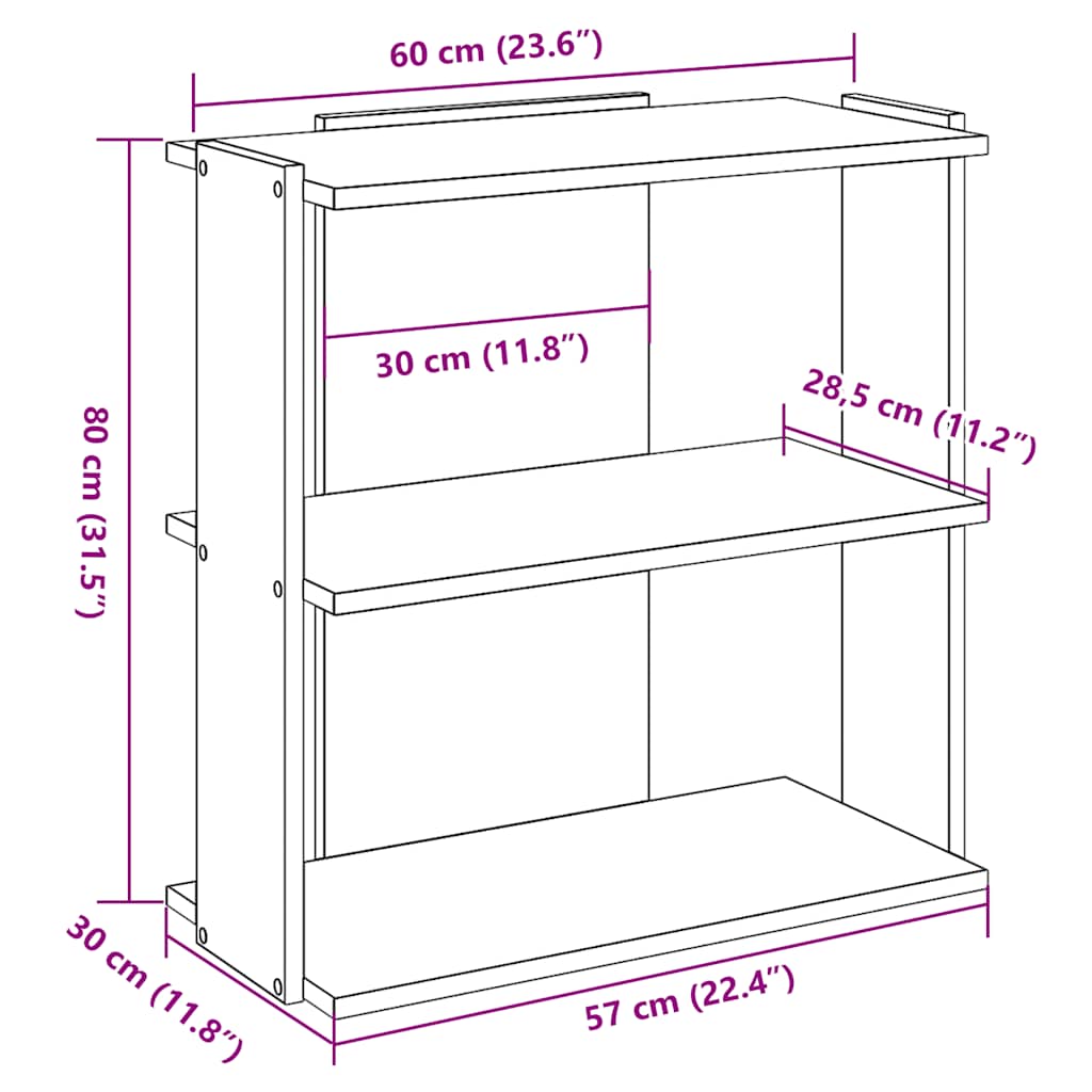Βιβλιοθήκη 3 Επιπέδων Καφέ Δρυς 60x30x80 εκ. Επεξεργ. Ξύλο