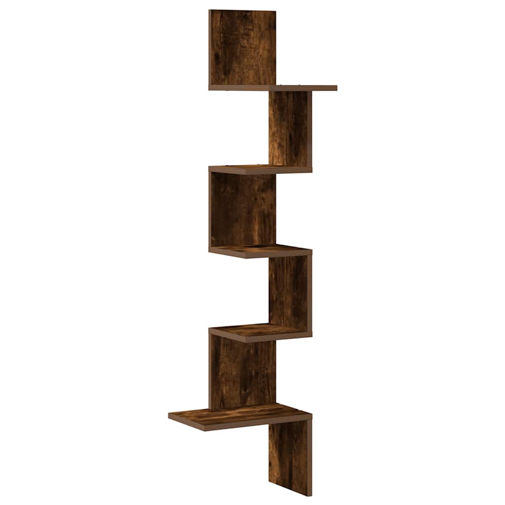 Γωνιακή Ραφιέρα Τοίχου Καπνιστή Δρυς 32x32x127,5 εκ Επεξ. Ξύλο