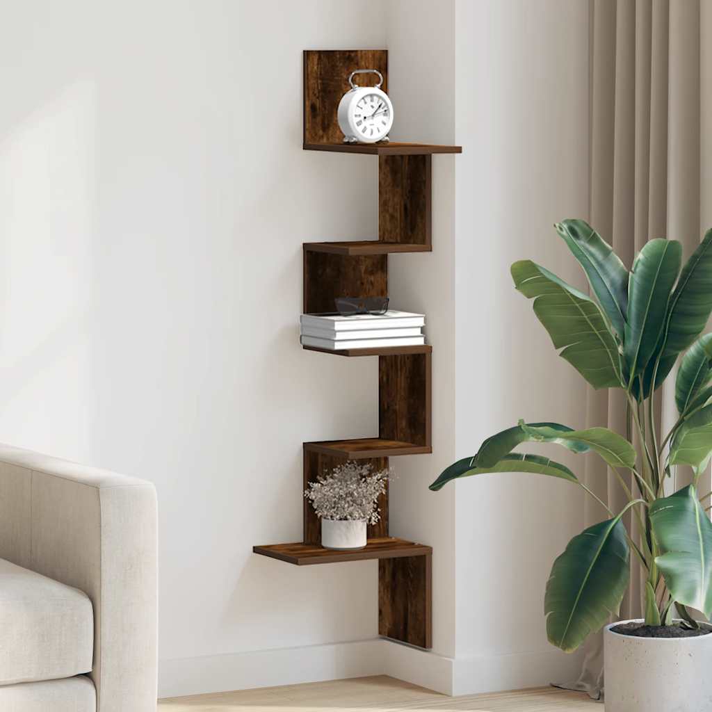 Γωνιακή Ραφιέρα Τοίχου Καπνιστή Δρυς 32x32x127,5 εκ Επεξ. Ξύλο