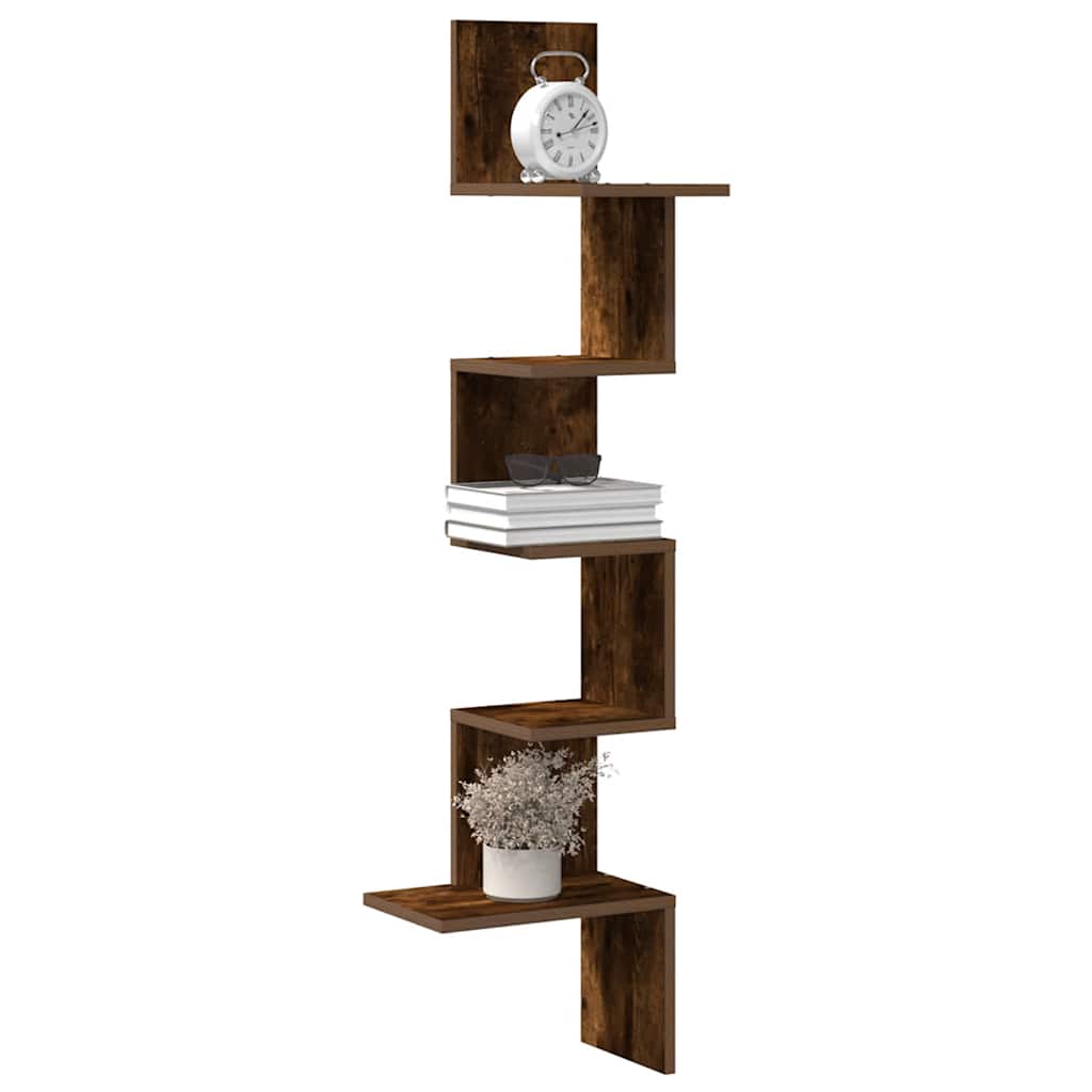 Γωνιακή Ραφιέρα Τοίχου Καπνιστή Δρυς 32x32x127,5 εκ Επεξ. Ξύλο