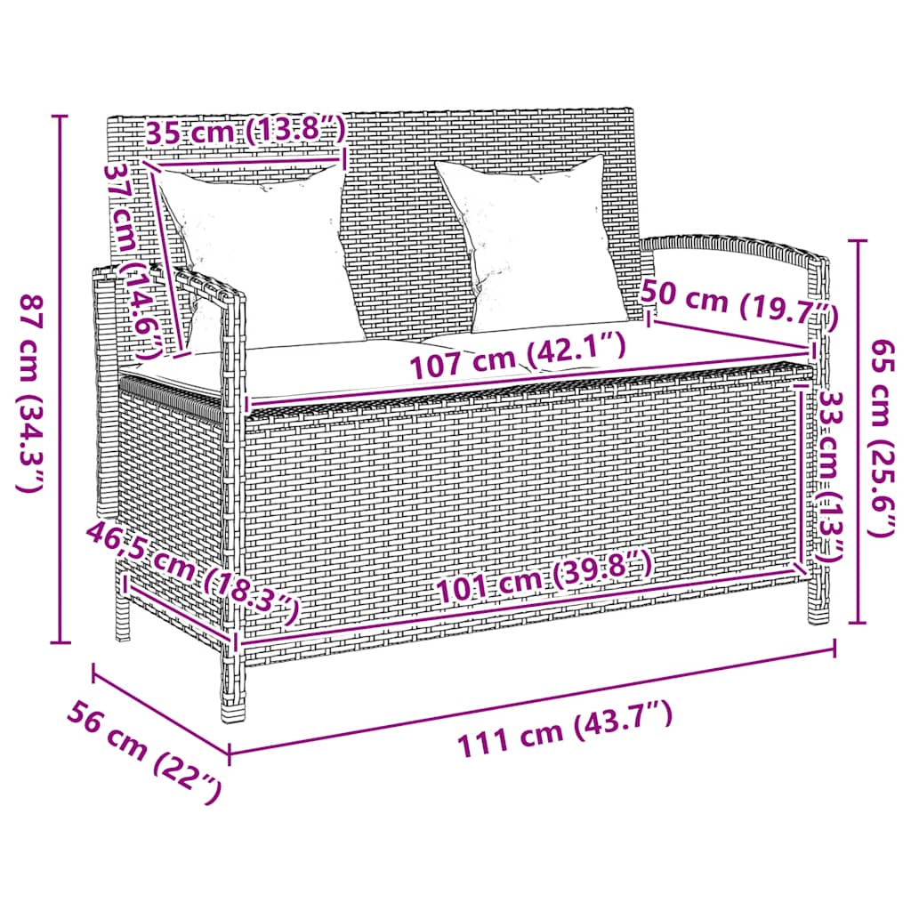 Πάγκος αποθήκευσης κήπου με μαξιλάρι μαύρο πολυ μπαστούνι - Pakobazaar
