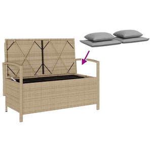 Πάγκος αποθήκευσης κήπου με μαξιλάρι Μπεζ Poly Rattan