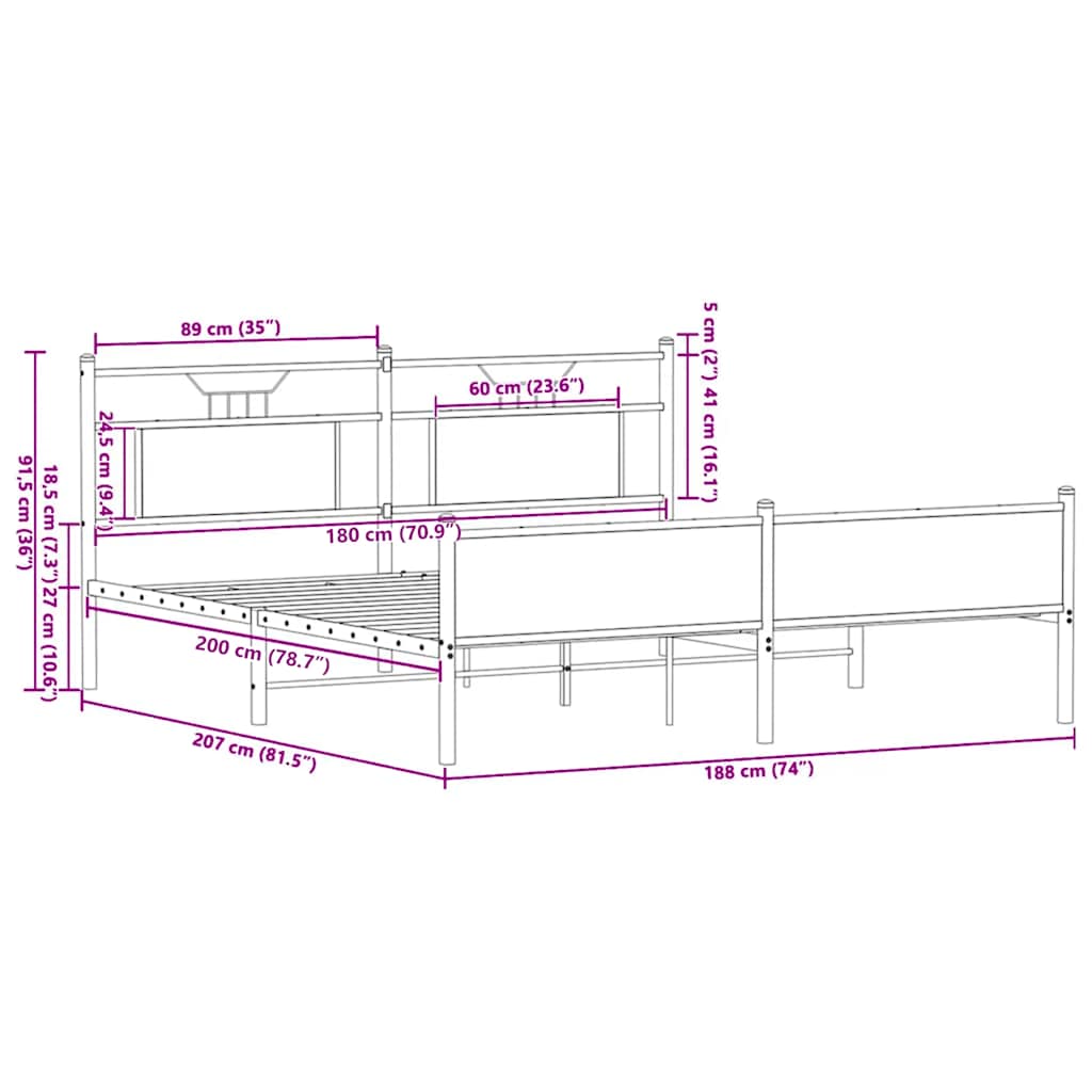 Σκελετός Κρεβ. Χωρίς Στρώμα Καπνιστή Δρυς 180x200 εκ. Μεταλλικό