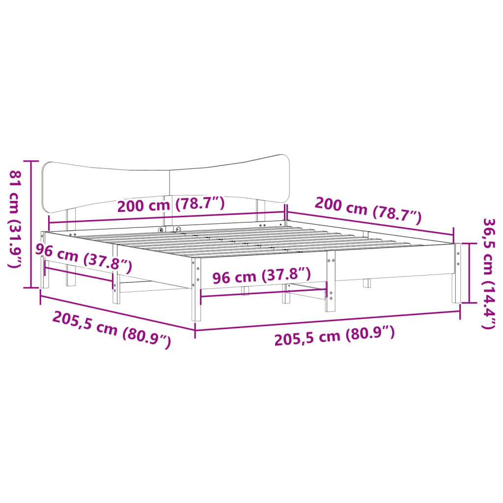 Σκελετός Κρεβατιού Χωρίς Στρώμα 200x200 εκ Μασίφ Ξύλο Πεύκου
