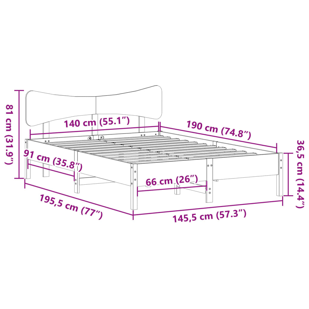 Σκελετός Κρεβατιού Χωρίς Στρώμα 140x190 εκ Μασίφ Ξύλο Πεύκου - Pakobazaar