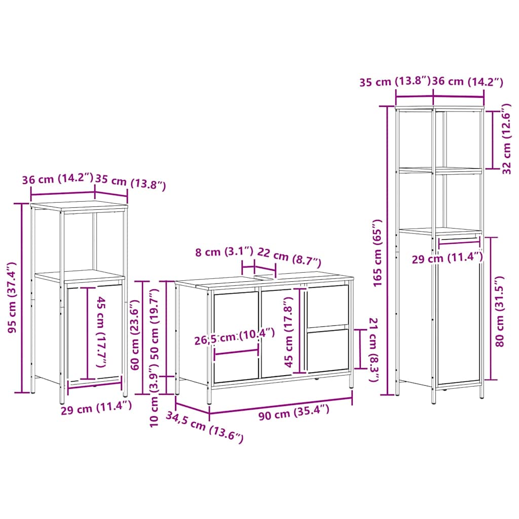 Σετ Επίπλων Μπάνιου με συρτάρι 3 pcs Φουσκωτό δρυς και Μαύρο