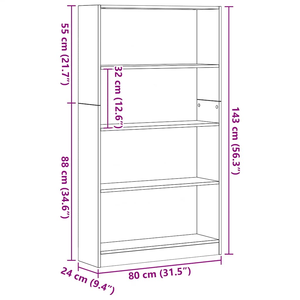 Βιβλιοθήκη 4 Επιπέδων Μαύρη Δρυς 80x24x143 εκ. από Τεχνητό Ξύλο - Pakobazaar