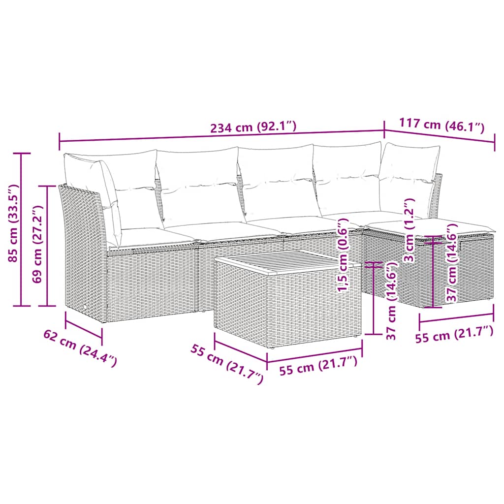 Καναπές Κήπου 6 Τεμαχίων Μαύρο από Συνθετικό Ρατάν με Μαξιλάρια - Pakobazaar