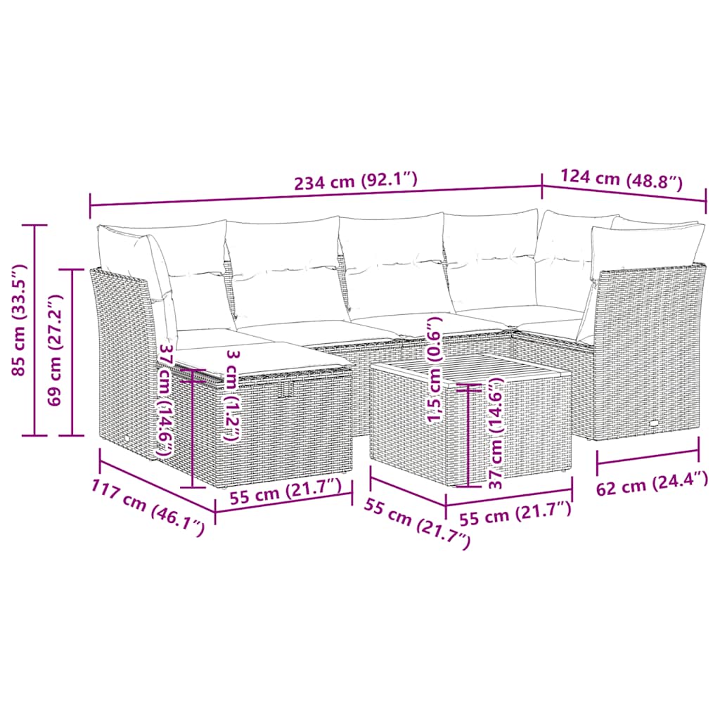 Καναπές Σετ 7 Τεμαχίων Μαύρο Συνθετικό Ρατάν με Μαξιλάρια - Pakobazaar