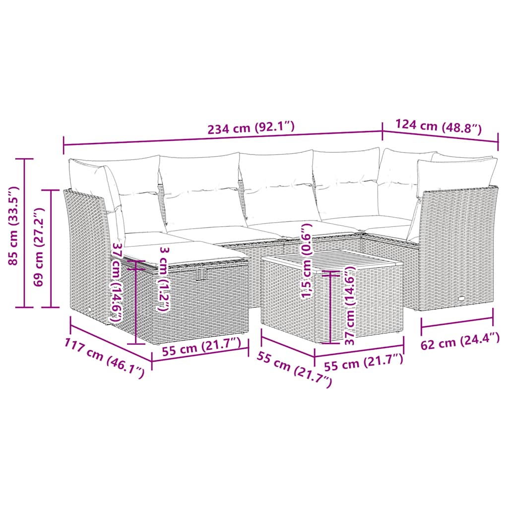 Σετ Σαλονιού Κήπου 7 τεμ. Γκρι Συνθετικό Ρατάν με Μαξιλάρια